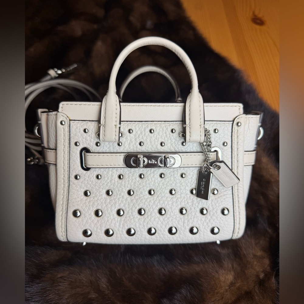 Coach White Leather Mini Swagger Studded Tote